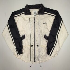 Vintage Wilson 80s Windbreaker Jacket Size Large Cream Black Full Zip Drawstring